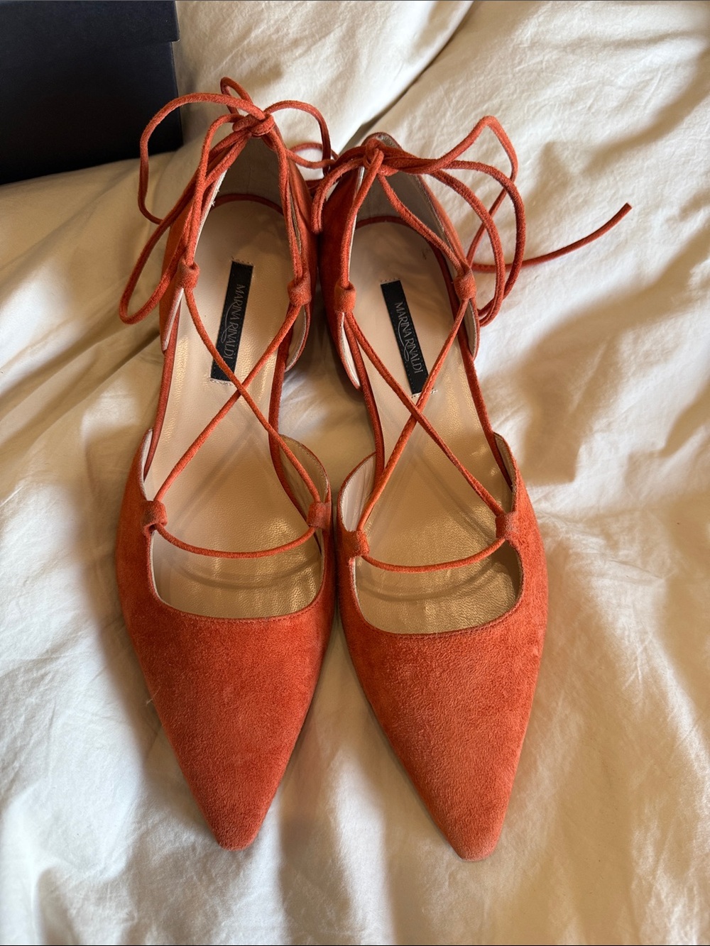MARINA RINALDI LIGNANO FLAT Suede Pointed Lace-Up Flats NWB- 9 (39) burn orange